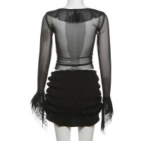 BUNO-Conjunto de 2 piezas con transparencias de gato extraño para mujer, Tops cortos con solapa y cuello oblicuo y manga acampanada + minifaldas ajustadas con niveles, traje elegante de tendencia - details 26