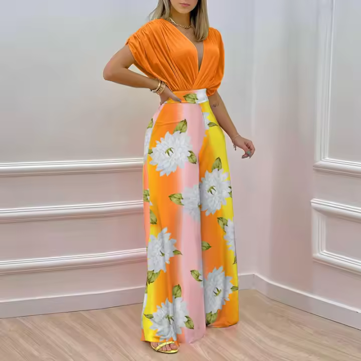 Conjunto informal de moda para mujer, pantalones de pierna ancha estampados con cuello en V, temperamento, nuevo estilo, otoño 2025 - 1