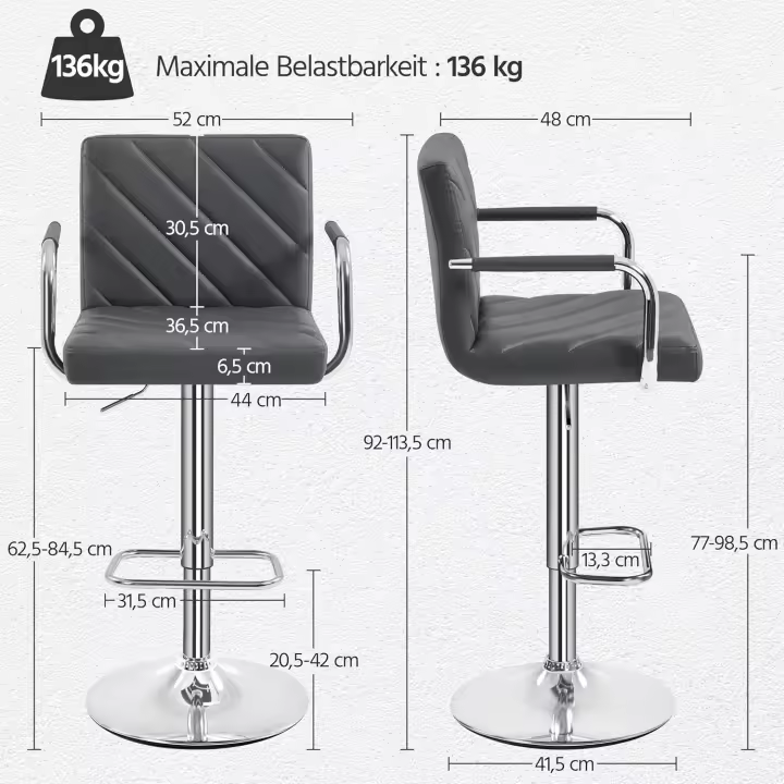 2pcs Taburetes de Bar Altura Ajustable 92-113,5cm Sillas de Bar Asientos Giratorios Diseño Moderno Taburetes Altos Blanco - 1