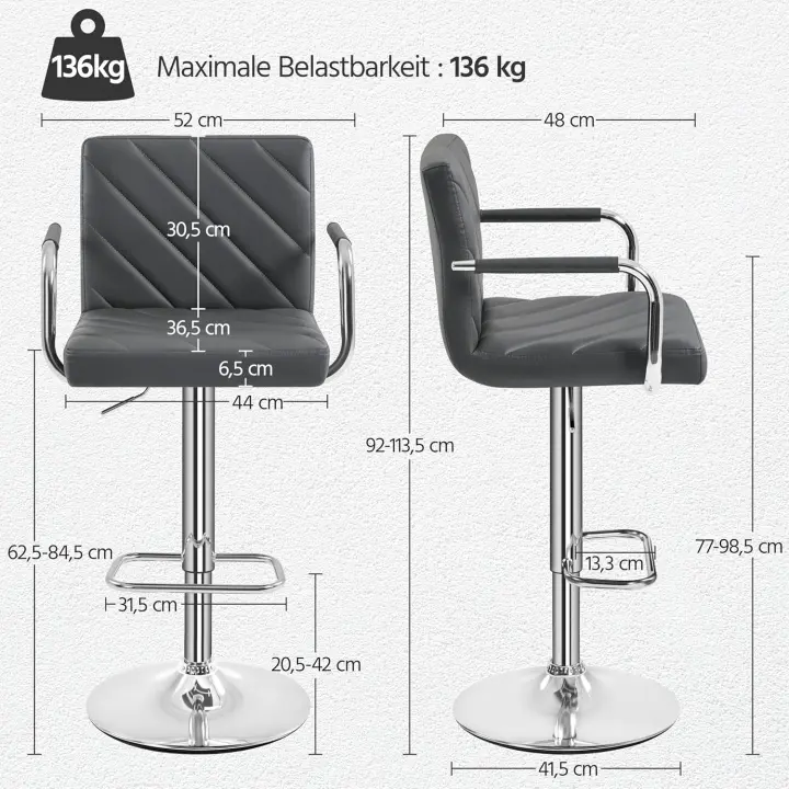 2pcs Taburetes de Bar Altura Ajustable 92-113,5cm Sillas de Bar Asientos Giratorios Diseño Moderno Taburetes Altos Blanco - 1