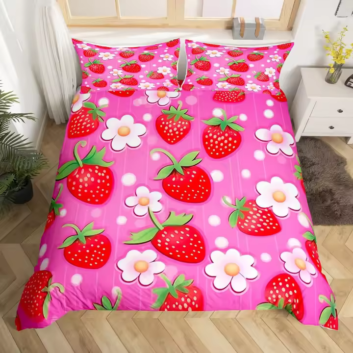 Juego de Ropa de Cama de Fresa y Hongo Funda de Edredón de Poliéster para Niños - 1
