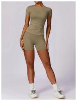 Conjunto de Yoga Sin Costuras para Mujer 2 Piezas Traje de Gimnasio con Top Corto de Manga Corta y Shorts para Correr Ropa Deportiva Activa Material Exterior de Nylon - details 9
