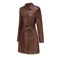 Gabardina cortavientos de piel sintética para mujer, chaquetas con cinturón, abrigo largo medio - details 43