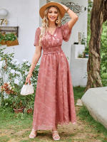 Vestido Maxi de Verano Elegante Cuello en V, Manga Abullonada, Cintura Alta, Encaje, Vestido de Moda para Mujeres con Abertura de Rodilla - details 8
