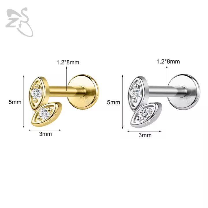 ZS 1 pieza de Color dorado, 16G, acero inoxidable, Labret, Piercing para labio, hombres y mujeres, cristal CZ, cartílago de oreja, Tragus, hélice, Piercings con parte trasera plana - 1