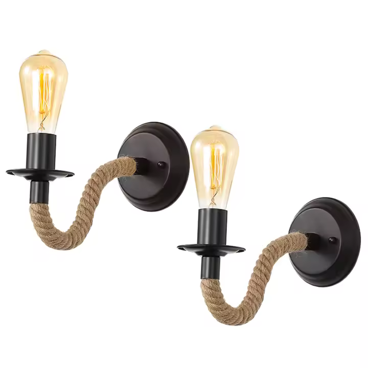 2PCS Apliques de Pared Metal GOECO, Negro, Cuerda de Cáñamo y Hierro, E27 Sin Bombilla, Lámparas de Pared para Pasillo, Escalera, 26*26*10 CM - 1