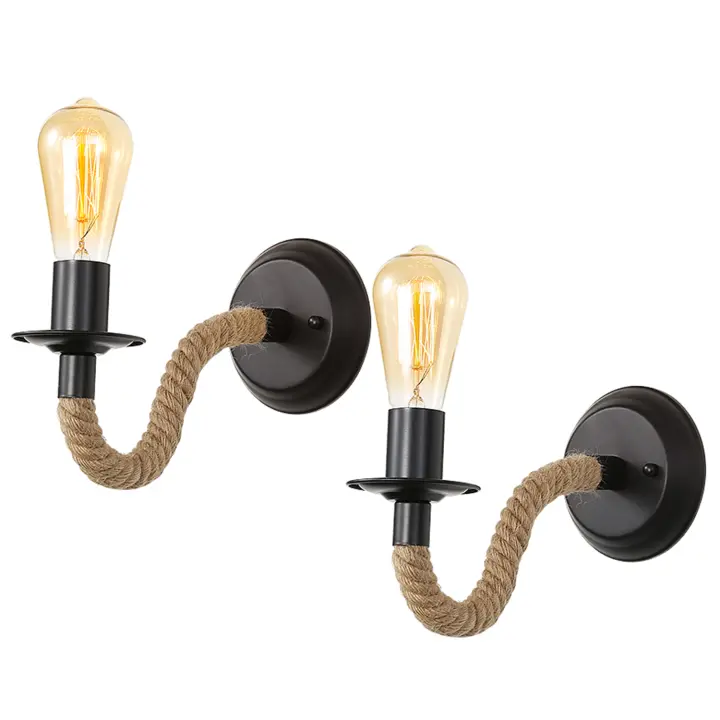 2PCS Apliques de Pared Metal GOECO, Negro, Cuerda de Cáñamo y Hierro, E27 Sin Bombilla, Lámparas de Pared para Pasillo, Escalera, 26*26*10 CM - 1
