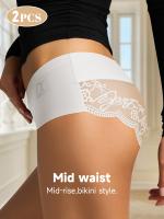 2 piezas de bragas de cintura media de encaje en contraste para mujer, bragas ligeras transpirables sin costuras, detalle de monograma sexy, ribete de encaje de moda primavera/verano, tejidos suaves - details 16