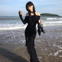 BUNO-elegante moda volantes oscuros vestido largo dividido gótico Slash cuello manga larga Maxi vestidos para mujeres 2023 vacaciones playa - details 3