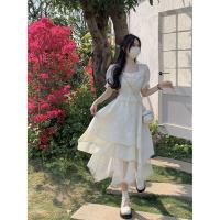 Vestido de manga corta con cuello cuadrado estilo socialité francés para mujer, nueva colección de verano, diseño ceñido y adelgazante en la cintura, - details 8