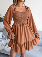 Vestido elegante de manga larga para mujer, falda de cuello cuadrado, de Color sólido vestido de volantes, moda de primavera y otoño - details 9
