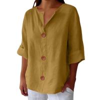 Camiseta de verano "Mujer 2025 con cuello en V, lino y algodón, holgada y transpirable, estilo boho-chic - Moda informal y elegante" "Mujer con cuello en V, algodón, transpirable, - Moda" - details 44