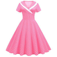 Vestido midi de línea A informal y elegante con cuello y manga corta para fiesta de lunares de verano para mujer - details 1