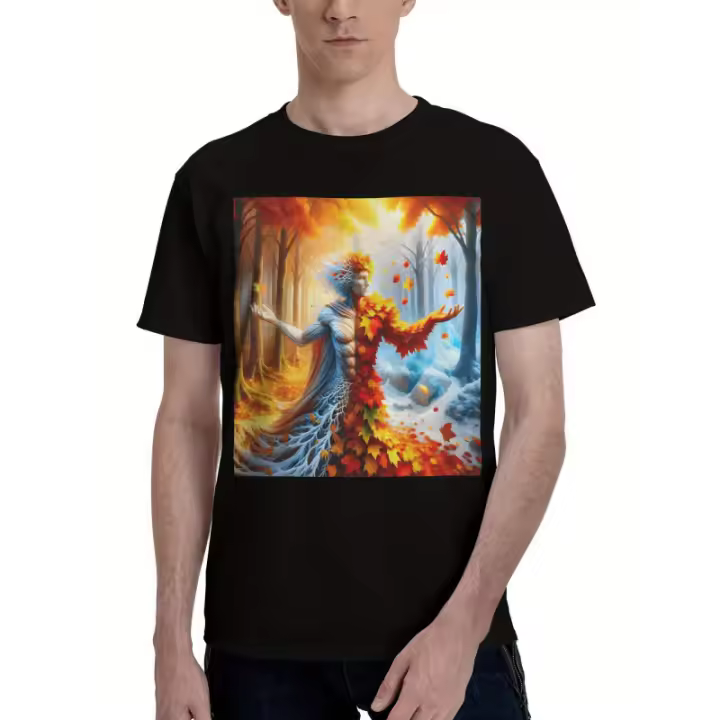 Camiseta gráfica de fantasía para hombre - Negra, cuello redondo holgado, manga corta, lavable a máquina, cómoda para todo el año, ropa informal |     Diseño de fantasía |     Lavable a máquina, 100% algodón - 1
