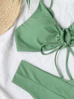 Nuevo conjunto de bikini de alta elasticidad verano 2025, sexy de dos piezas con cordones de color sólido para mujer, traje de baño de playa - details 3