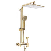 Sistema de ducha de lluvia dorado moderno, juego de ducha montado en la pared con cabezal de ducha de 9x9 pulgadas y ducha de mano de latón - details 3