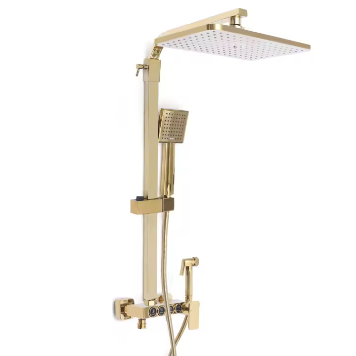Sistema de ducha de lluvia dorado moderno, juego de ducha montado en la pared con cabezal de ducha de 9x9 pulgadas y ducha de mano de latón - 1