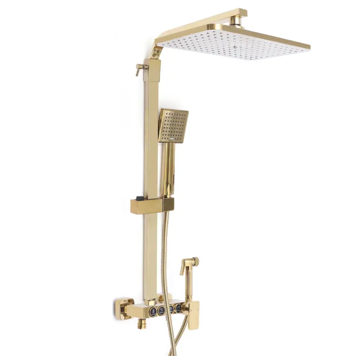 Sistema de ducha de lluvia dorado moderno, juego de ducha montado en la pared con cabezal de ducha de 9x9 pulgadas y ducha de mano de latón - 1