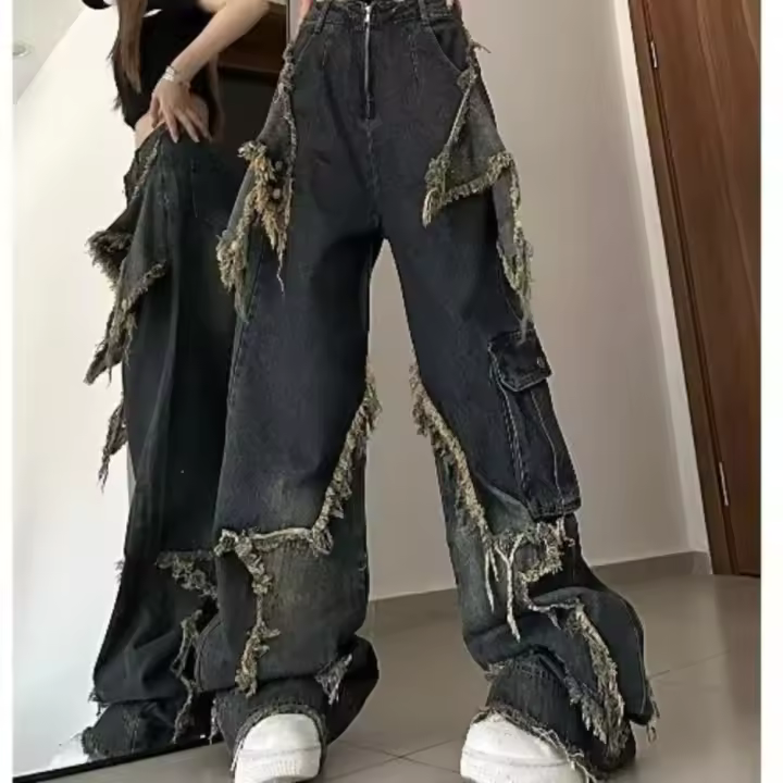 Pantalones vaqueros holgados Retro para mujer, diseño con borde áspero, pantalones rectos de pierna ancha, tendencia - 1