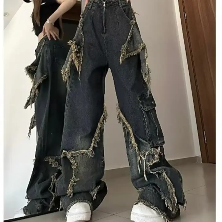 Pantalones vaqueros holgados Retro para mujer, diseño con borde áspero, pantalones rectos de pierna ancha, tendencia - 1