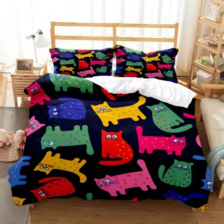 Juego de Ropa de Cama de Gato Lindo Funda de Almohada de Poliéster para Cama de Reina - 1