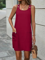Vestido casual de verano con cuello redondo, sin mangas, textura gofre y botones decorativos. - details 8