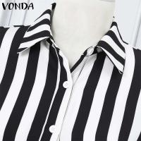 Vestido de mujer 2025, vestido veraniego a rayas bohemio, Vestidos con volantes de verano, VONDA, informal, holgado, con cuello de solapa, estampado, bata con cinturón de gran tamaño - details 10