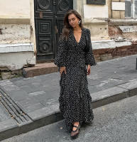 Vestido francés con volantes y cuello en V, manga abombada, estampado de puntos, novedad de verano, moda para mujer - details 5