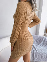 Knitted Sweater Dress For Women  Autumn Winter Long Sleeve Slim Waist Knitwear Clothes White Blue Khaki - details 6
