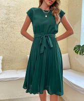 Vestido plisado elegante para mujer, manga corta con cinturilla, verde negruzco S, Verano - details 7
