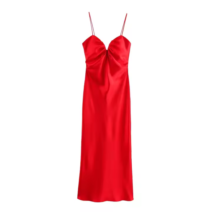 Ropa de mujer europea y americana temperamento de moda y textura simple de satén de seda vestido Midi - 1