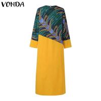 Vestido largo de talla grande 5XL VONDA Vintage estampado para mujer, vestido veraniego de fiesta con retales bohemios, vestido informal holgado de manga larga - details 5
