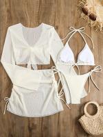 Conjunto de baño de 4 piezas para mujer Lauvoco, 2024, nuevo color liso, pareo de hombros descubiertos, falda de malla transparente, bikini, 82% poliéster, 18% elastano, tejido de punto de alta elasticidad, detalle de cordones, sin mangas, para nadar. - details 5