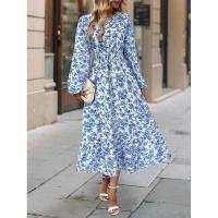 Vestido casual floral elegante cuello redondo con volantes manga larga - details 1