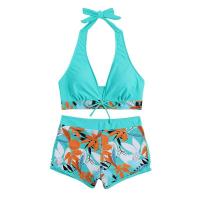 Bikini abierto con estampado de hojas retro en talla grande, conjunto de traje de baño de dos piezas con correas estables para mujer - details 98