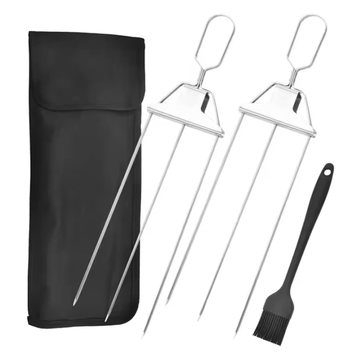 Brochetas para Kabobs, brochetas Kabob de 3 puntas para asar a la parrilla, brocheta de acero inoxidable, con barra de empuje, brocheta de Metal reutilizable, 15 pulgadas - 1