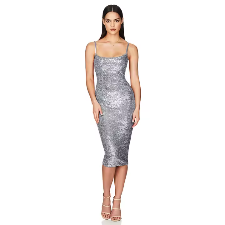 Vestido con tirantes francés ajustado sin mangas con temperamento que abraza la cadera con lentejuelas para mujer - 1