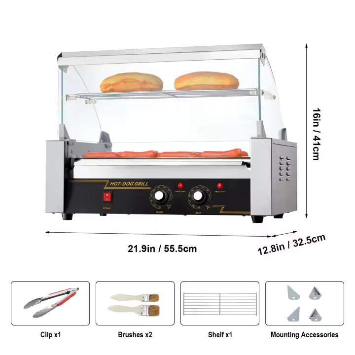 SucceBuy Parrilla eléctrica con rodillos para perritos calientes - Cocina comercial de acero inoxidable con protector contra salpicaduras y estante - 1