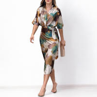 2025 primavera vestido de mujer europeo y americano nuevo temperamento impresión de moda cuello en v con cordones cintura vestido delgado - details 4