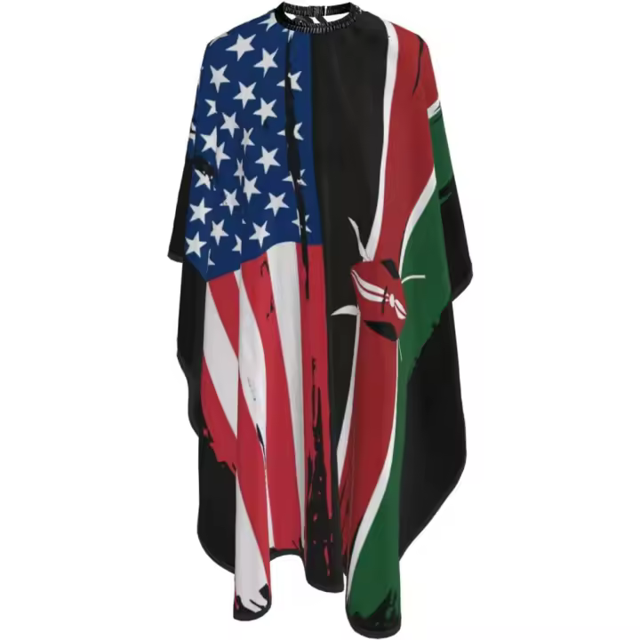 Capa de peluquero con bandera de EE. UU. y Kenia, capa de corte de pelo impermeable para peluquería profesional con cierre a presión ajustable, delantal de corte de pelo para estilista y uso doméstico, 55 x 66 pulgadas - 1