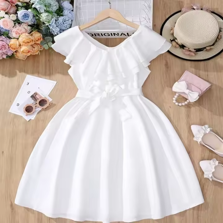 Vestido de princesa sin mangas para niña, vestido de esponja de color sólido, cinturón estable, casual, fiesta de cumpleaños, verano - 1