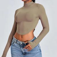 Top de entrenamiento de manga larga para mujer, diseño con orificio para el pulgar, Top de cuello alto con corte deportivo ajustado - details 3