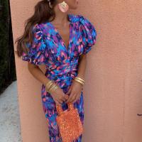 2025 Vestido de verano para mujer, azul, estampado, cuello en V, ceñido, ceñido a la cadera, manga corta - details 3