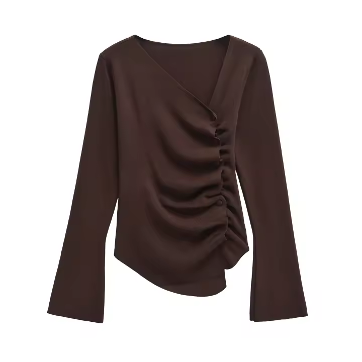 Suéter fruncido asimétrico de manga larga para mujer, Top de punto con botón frontal, prendas de punto elegantes a la moda, azul y marrón, otoño - 1