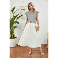 BUNO-2025 Tops para mujer, pantalón corto informal de moda de verano, camisetas básicas con textura a rayas de Color sólido y cuello redondo - details 27