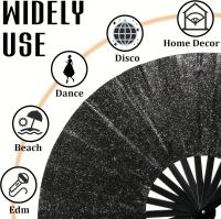 1 abanico de mano plegable negro brillante, tamaño grande, costillas de bambú portátiles, tela duradera, para EDM, danza, playa, decoración del hogar, fiesta, cumpleaños, accesorio de moda para mujer - details 3