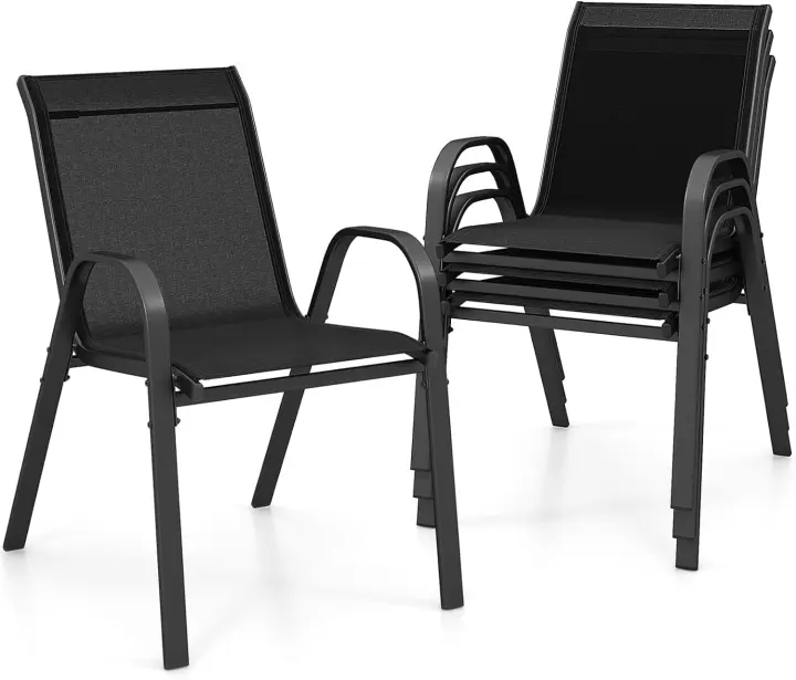 Juego de 4 sillas de exterior, silla de comedor apilable con marco de acero con reposabrazos y respaldo, 56 x 70 x 84 cm, sillas ergonómicas para piscina, terraza, jardín (marrón) - 1