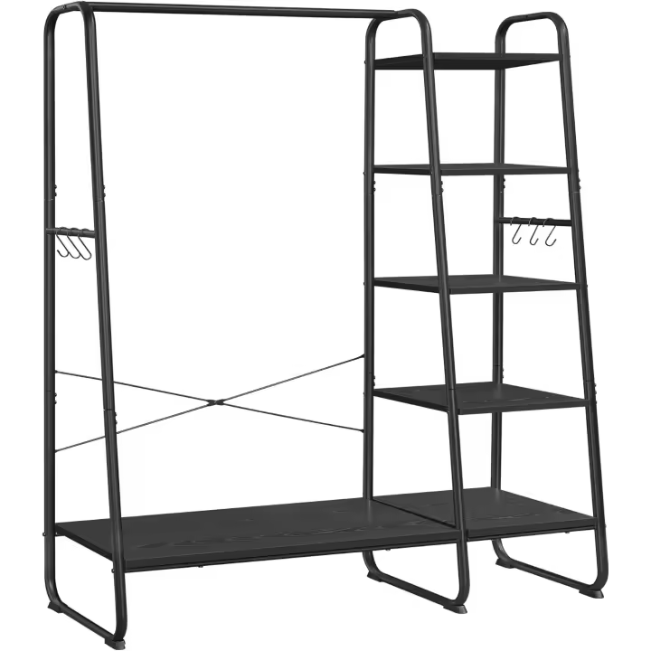 Burro Perchero, Perchero con Zapatero, 5 Estantes de Almacenamiento, 6 Ganchos Laterales, Dormitorio, Sala de Estar, Pasillo, Diseño Industrial, Roble y Blanco Mate RGR116W09 - 1