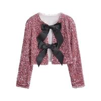 Chaqueta Cropped de Lentejuelas para Mujer Cuello Redondo, Manga Larga, Abrigo de Moda Chic con Lazo - details 3