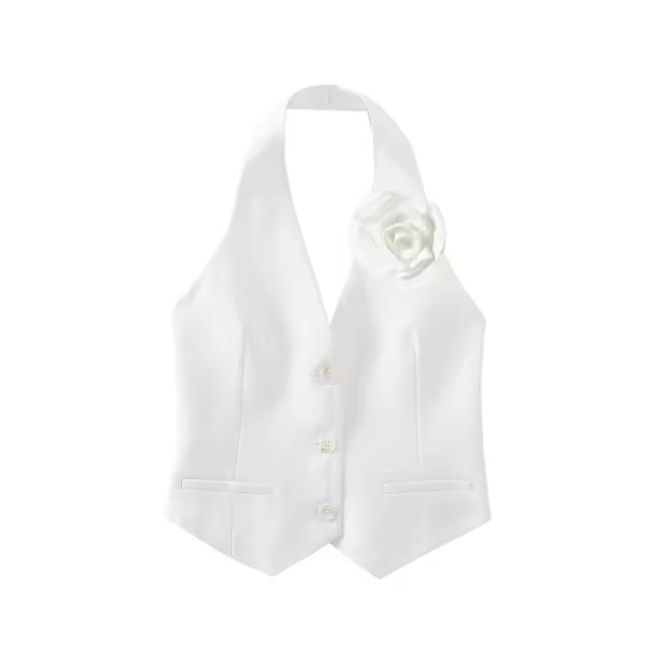 OUWU- Zevity, Moda Para Mujer, Diseño De Flores Con Un Solo Pecho, Chaleco Blanco Con Cuello Halter, Chaqueta De Oficina Para Mujer, Chaleco Corto Sin Mangas, Tops - 1